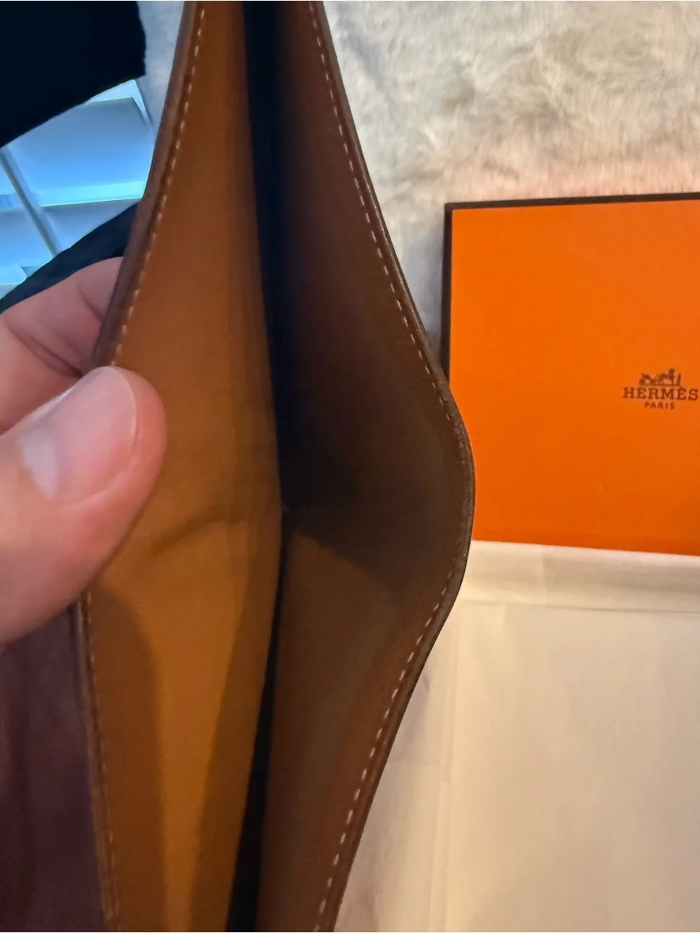 Hermes Men's Cognac Leather Bi-Fold Wallet